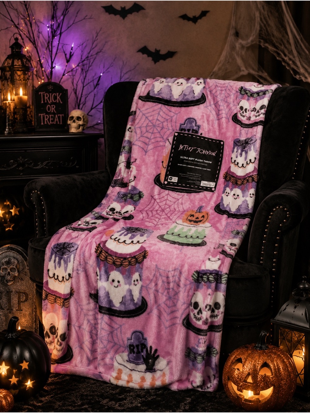 Betsey Johnson Pink Halloween Ghosts & Cake Plush Throw Blanket